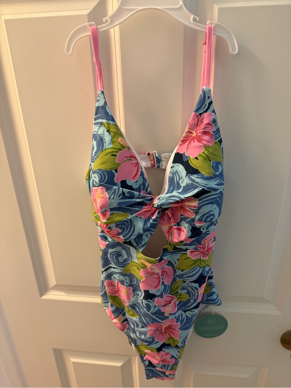 Caden Lane Pink Floral One-Piece Swimsuit on Blue